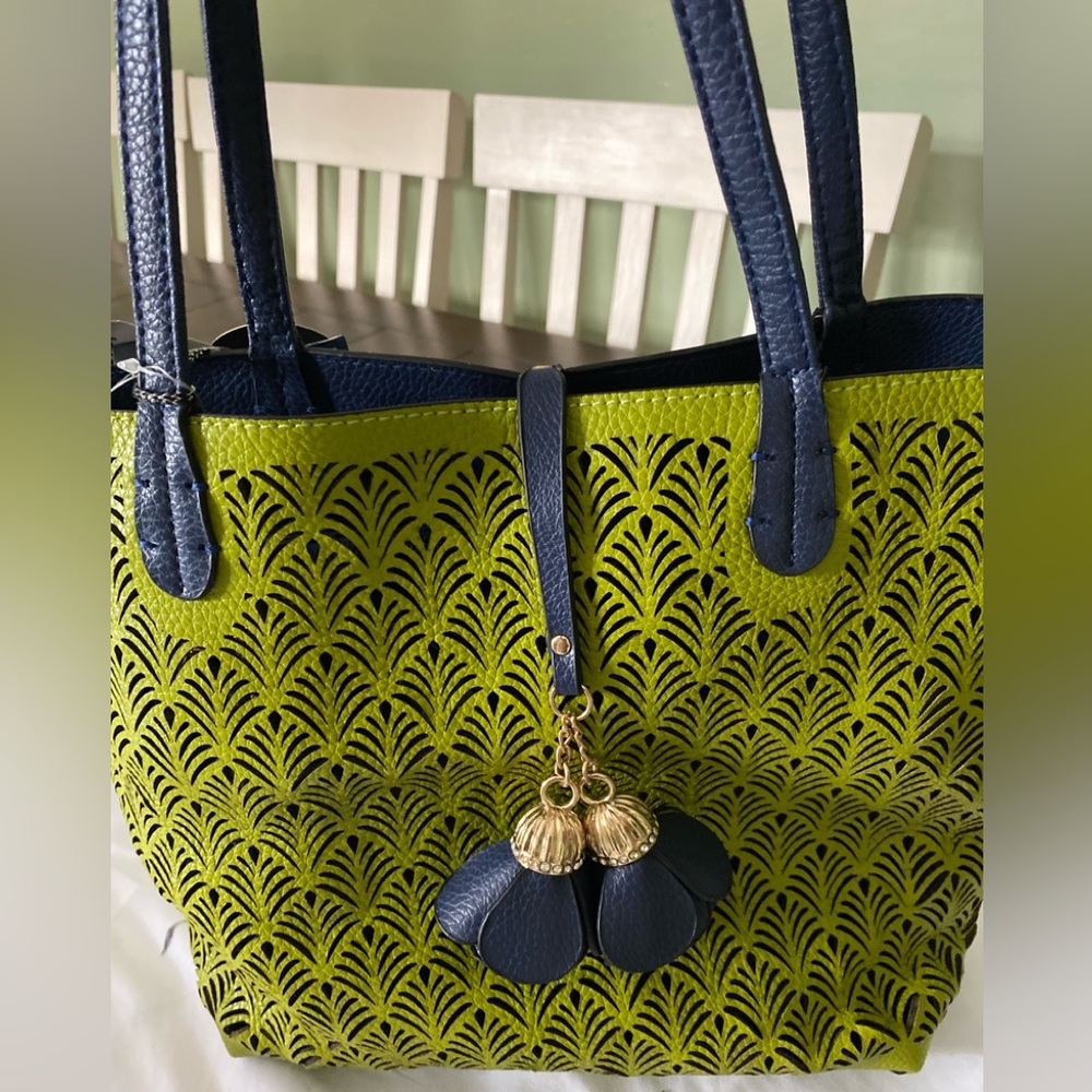 NWT IMOSHION bag in bag vegan Large Handbag Purse Satchel Green And Navy Blue
